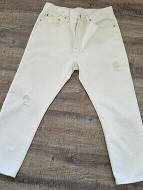 Levis 501 Distressed Denim Pants - Light Neutral Button Fly